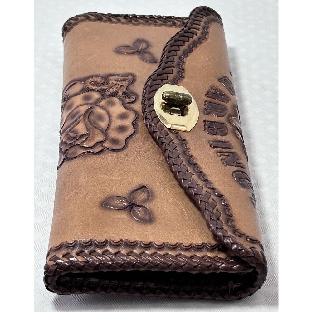 Vintage Crafted Hand Tooled Leather Brown Tan/2 tone Floral Personalized Wallet - Picture 2 of 11